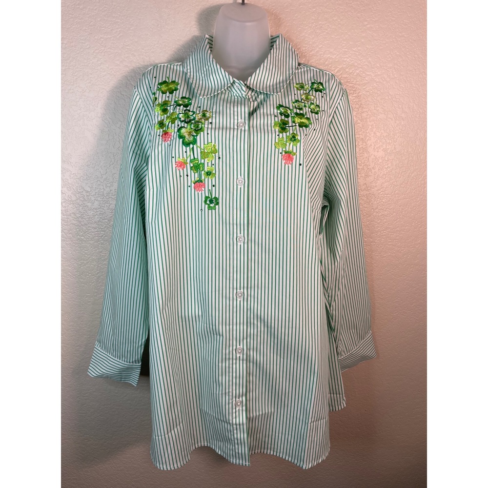 Quacker Factory Womens 1X Button Down Shirt Green White Stripe Clover Floral NEW